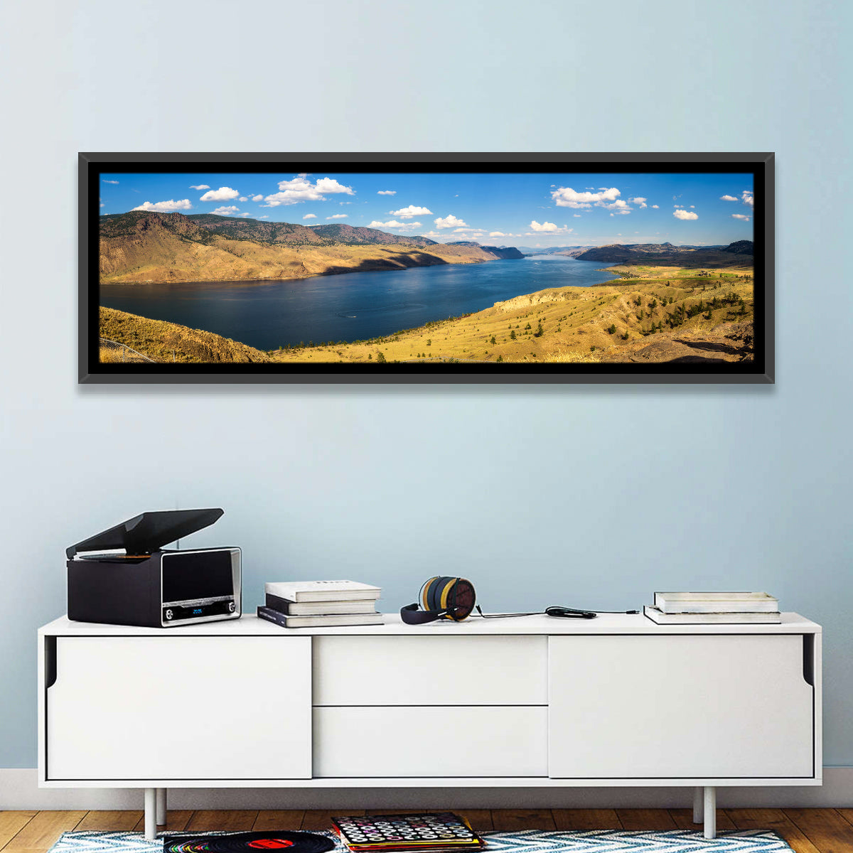 Golden Grass at Kamloops Lake Wall Art in a room, panoramic