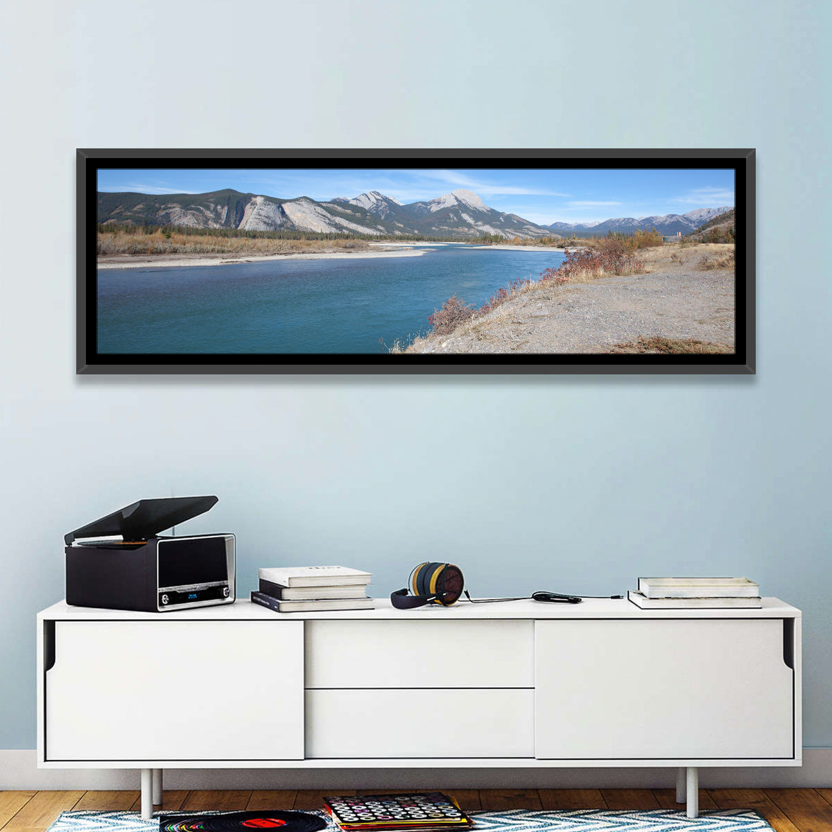 Mount Aeolus Over Athabasca Riverbank Wall Art in a room, panoramic