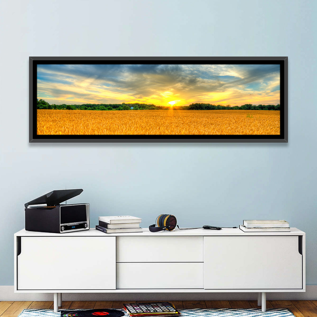 Wheat Field Sunset Wall Art in a room, panoramic