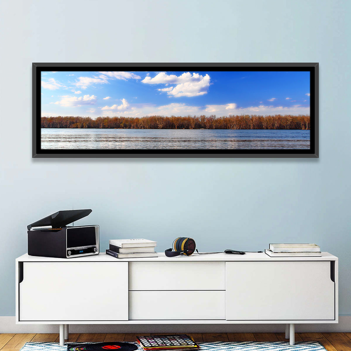 Andalusia Slough Autumn River Wall Art in a room, panoramic