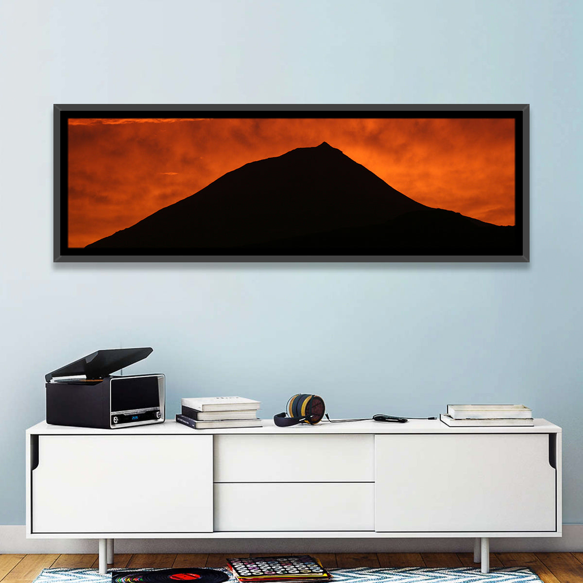 Pico Island Volcano Silhouette at Sunset Wall Art in a room, panoramic