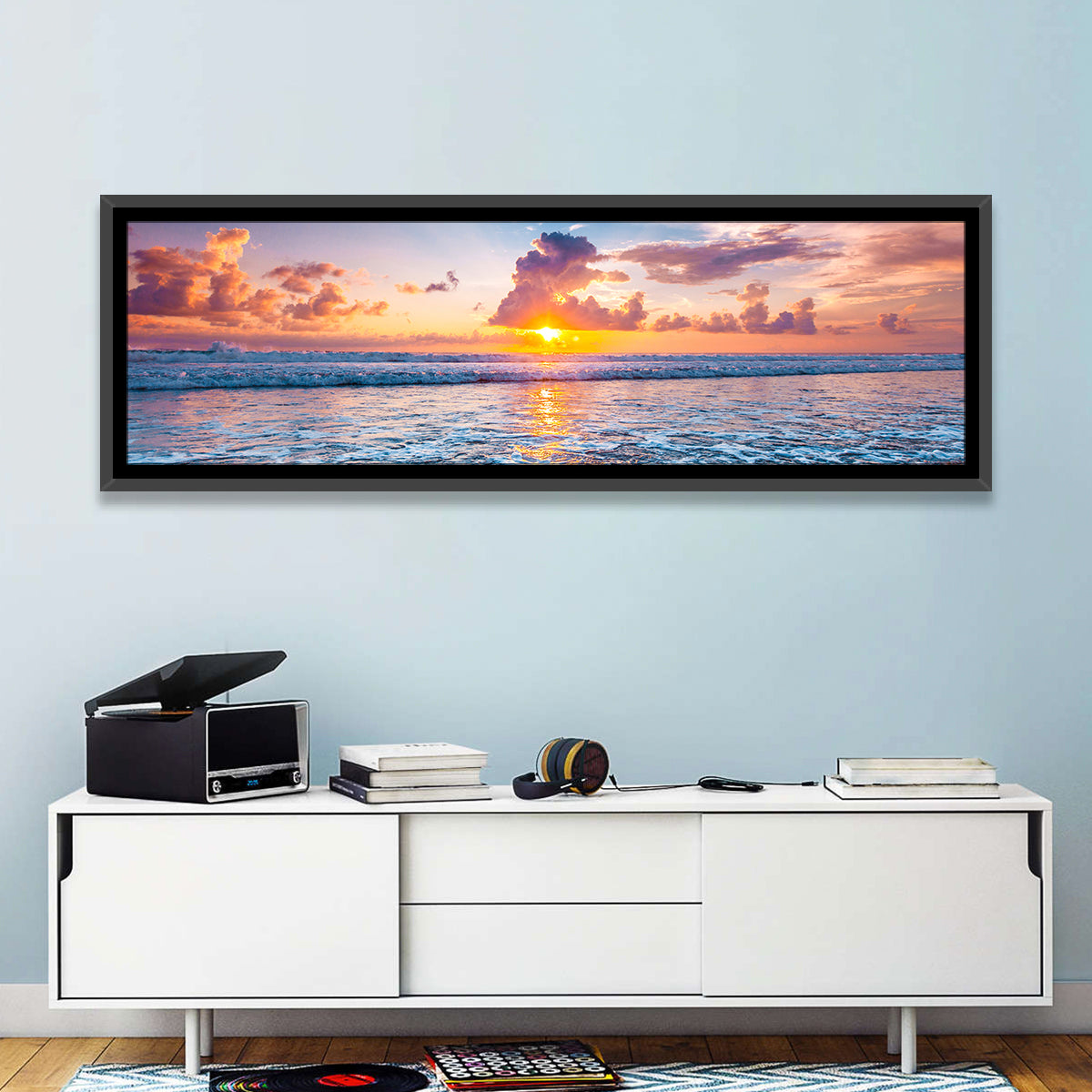 Sunburst Ocean Wave Wall Art in a room, panoramic