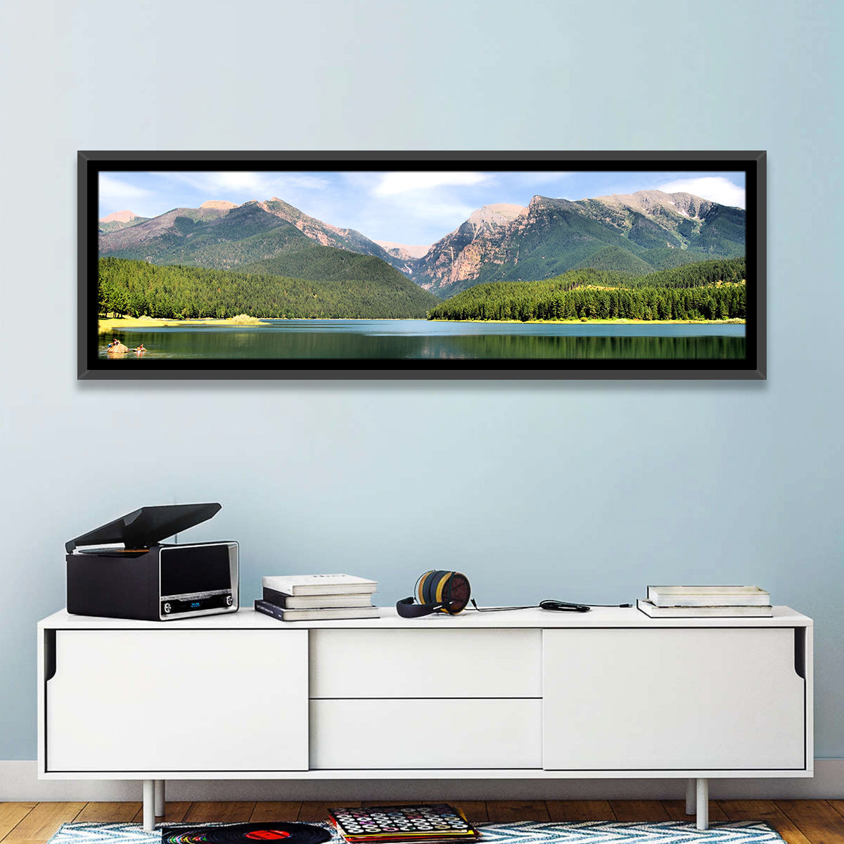 Mission Mountain Lake Reflection Wall Art in a room, panoramic
