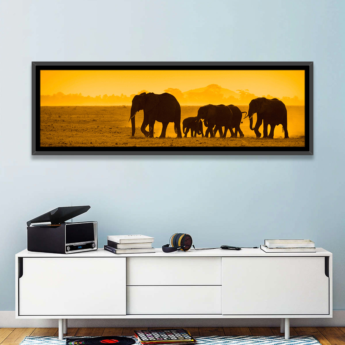 Elephant Family Silhouette Wall Art in a room, panoramic
