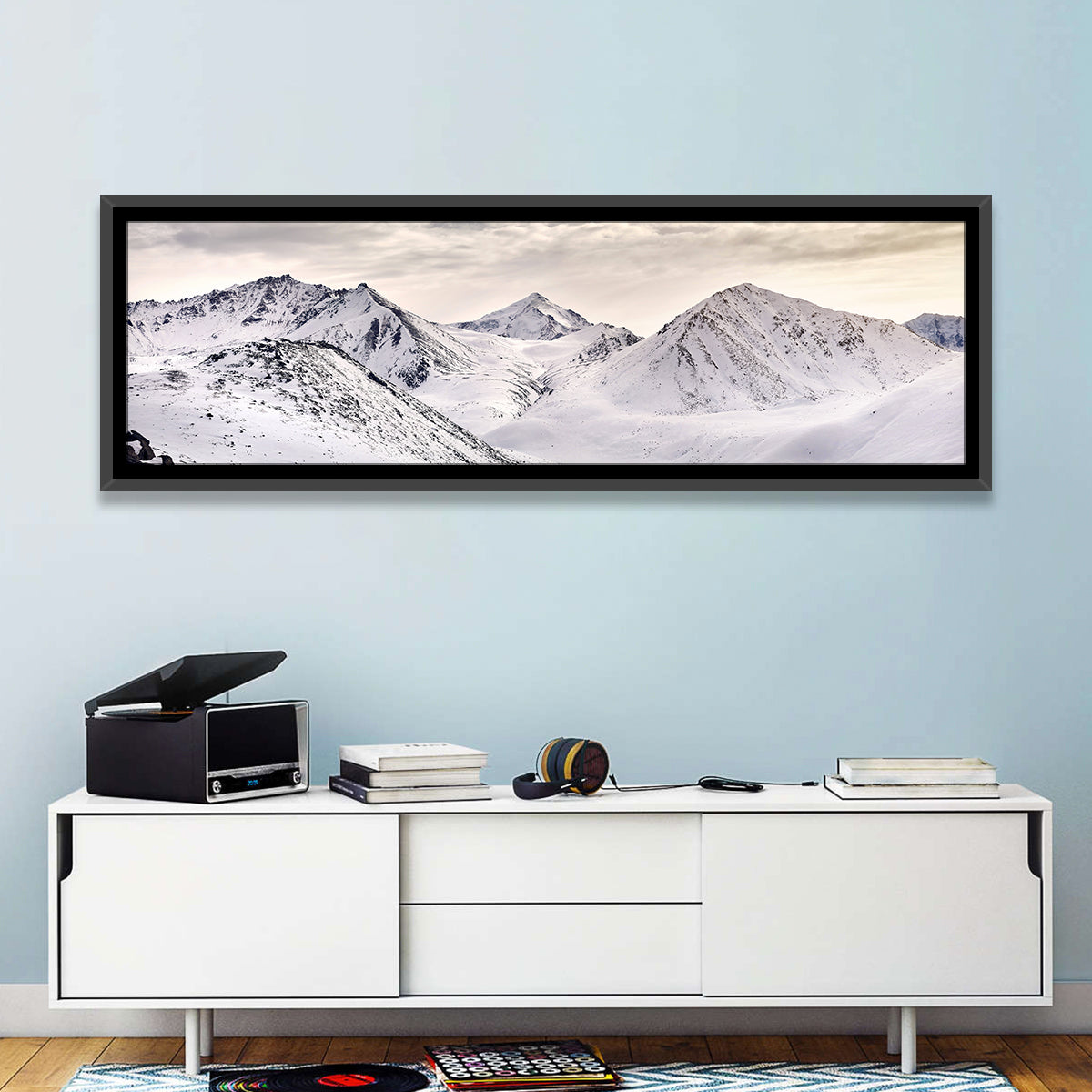 Zaili Alatay Snow Peaks Wall Art in a room, panoramic