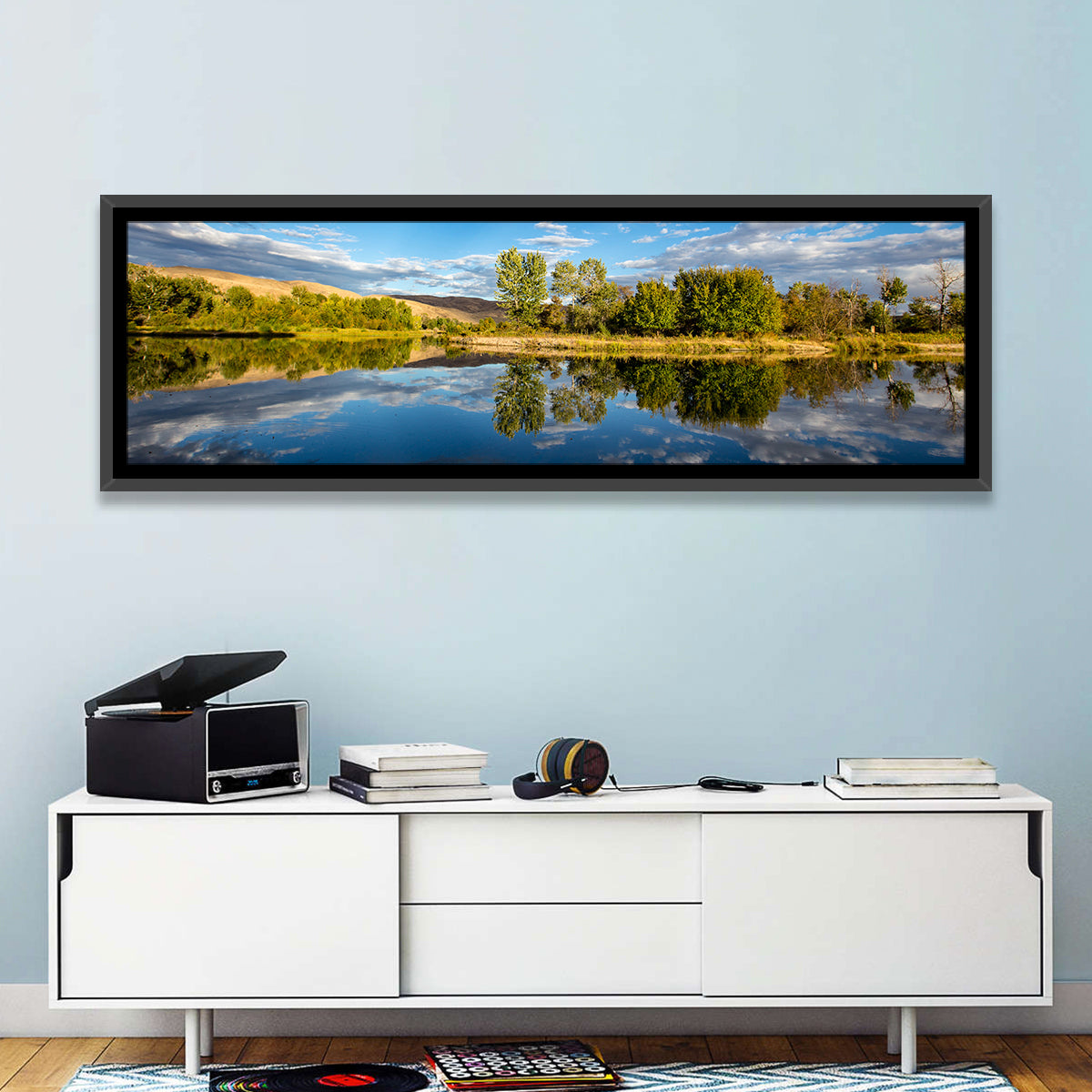 Boise River Rainbow Reflection Wall Art in a room, panoramic