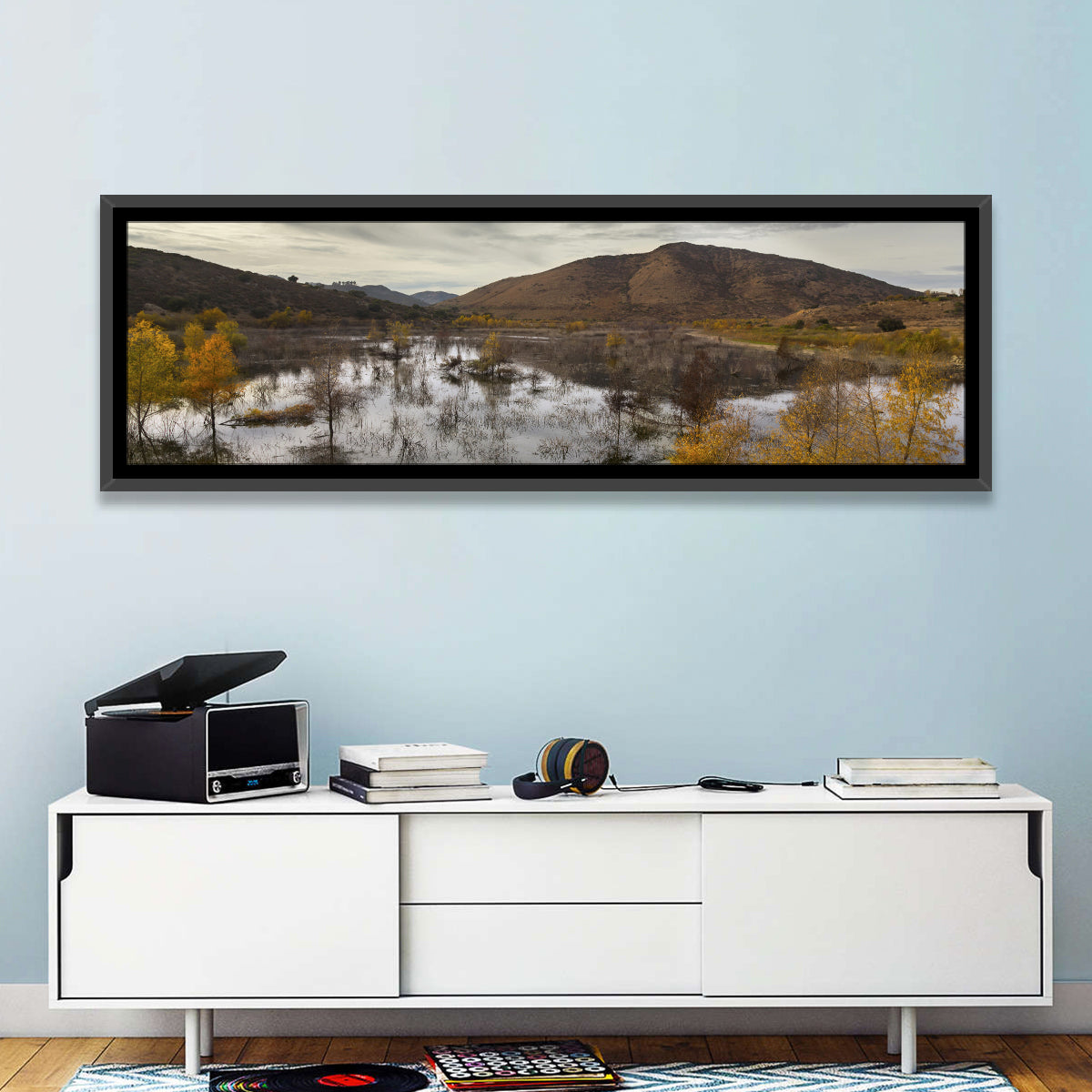 Lake Hodges Autumn Reflection Wall Art in a room, panoramic