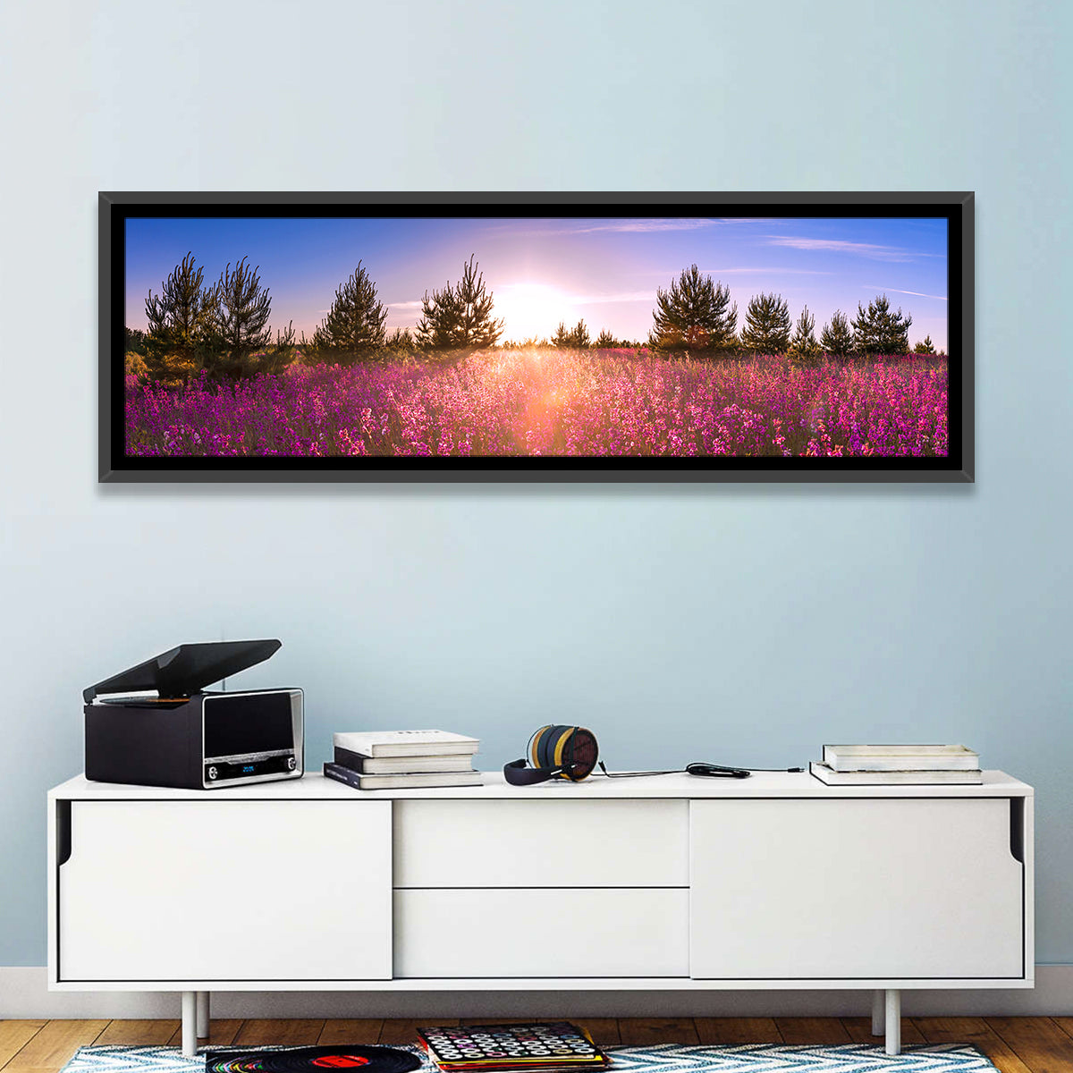 Sunrise Wildflower Meadow Wall Art in a room, panoramic