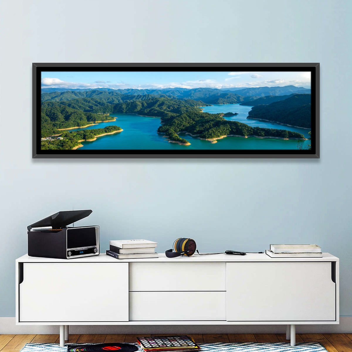 Emerald Qiandao Lake Wall Art in a room, panoramic