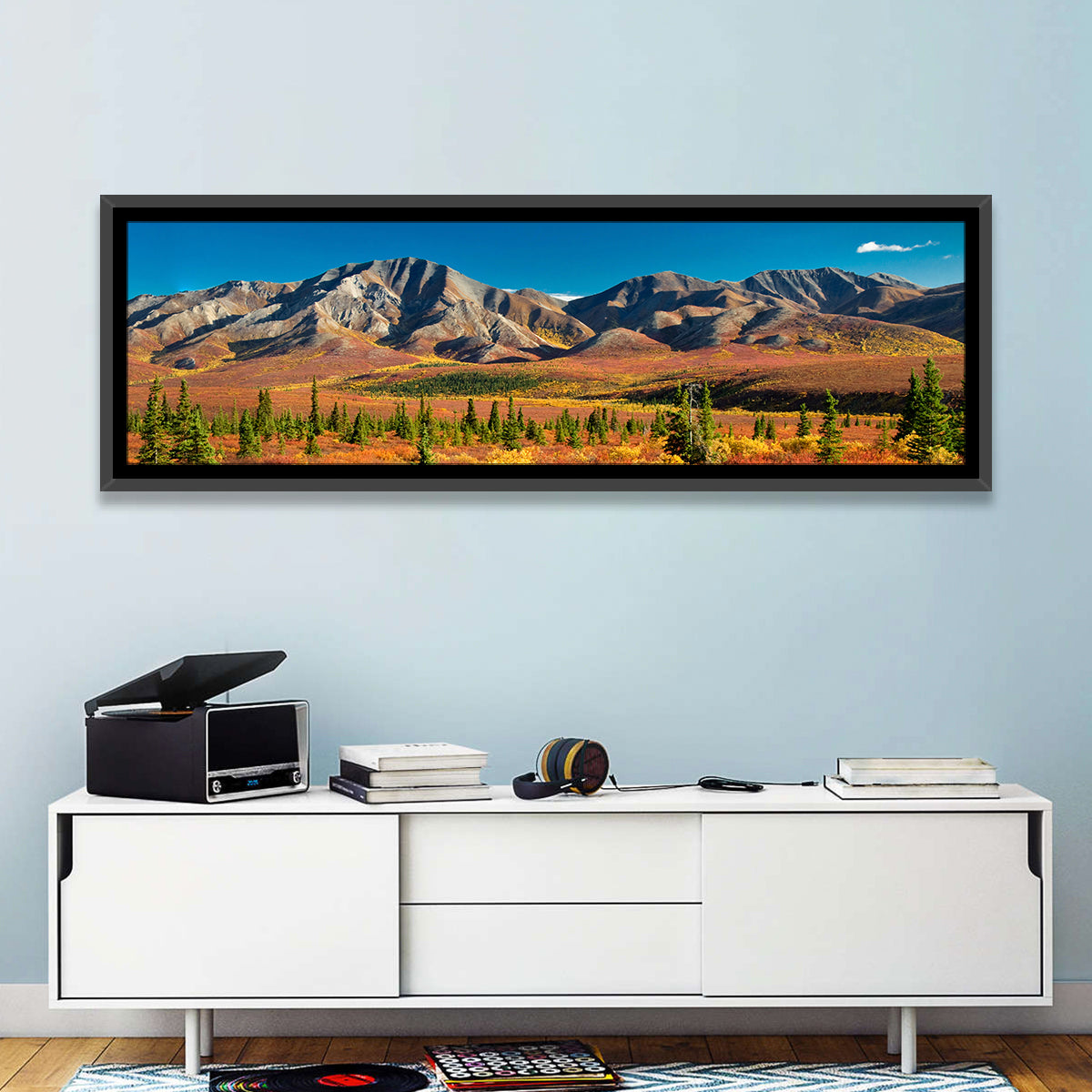 Denali Autumn Peaks Wall Art in a room, panoramic