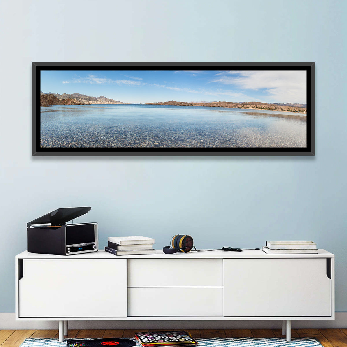 Lake Mohave Shoreline Wall Art in a room, panoramic