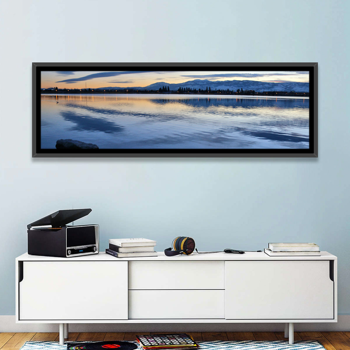 Sparks Marina Twilight Reflection Wall Art in a room, panoramic