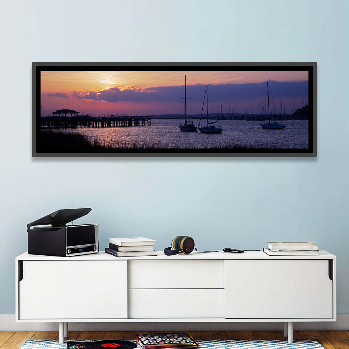 South Carolina Coastal Harbor Wall Art in a room, panoramic
