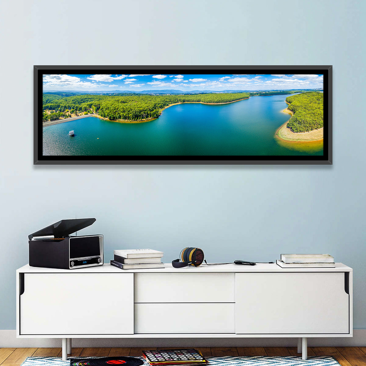 Silvan Reservoir Shoreline Wall Art in a room, panoramic