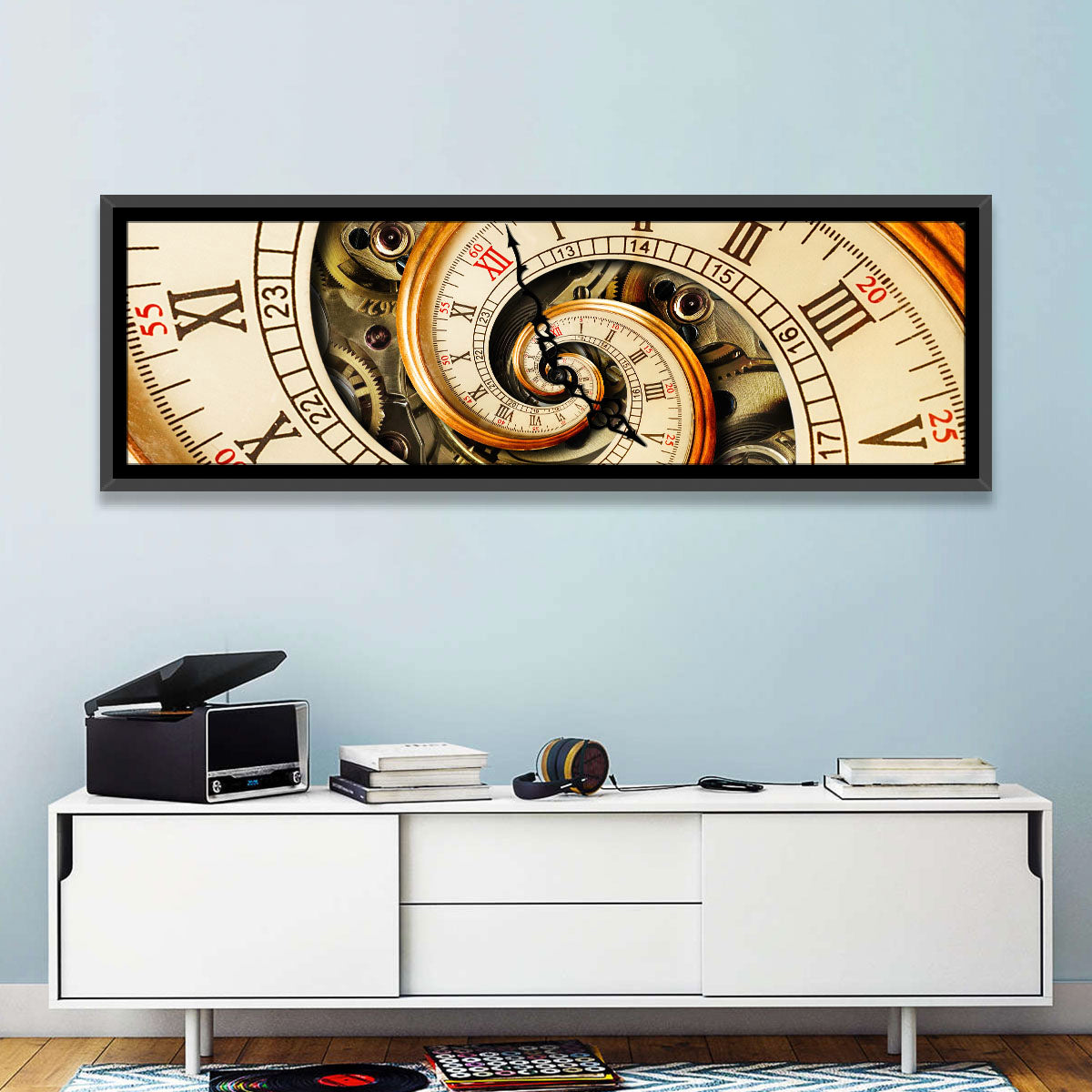Steampunk Spiral Clock Wall Art in a room, panoramic