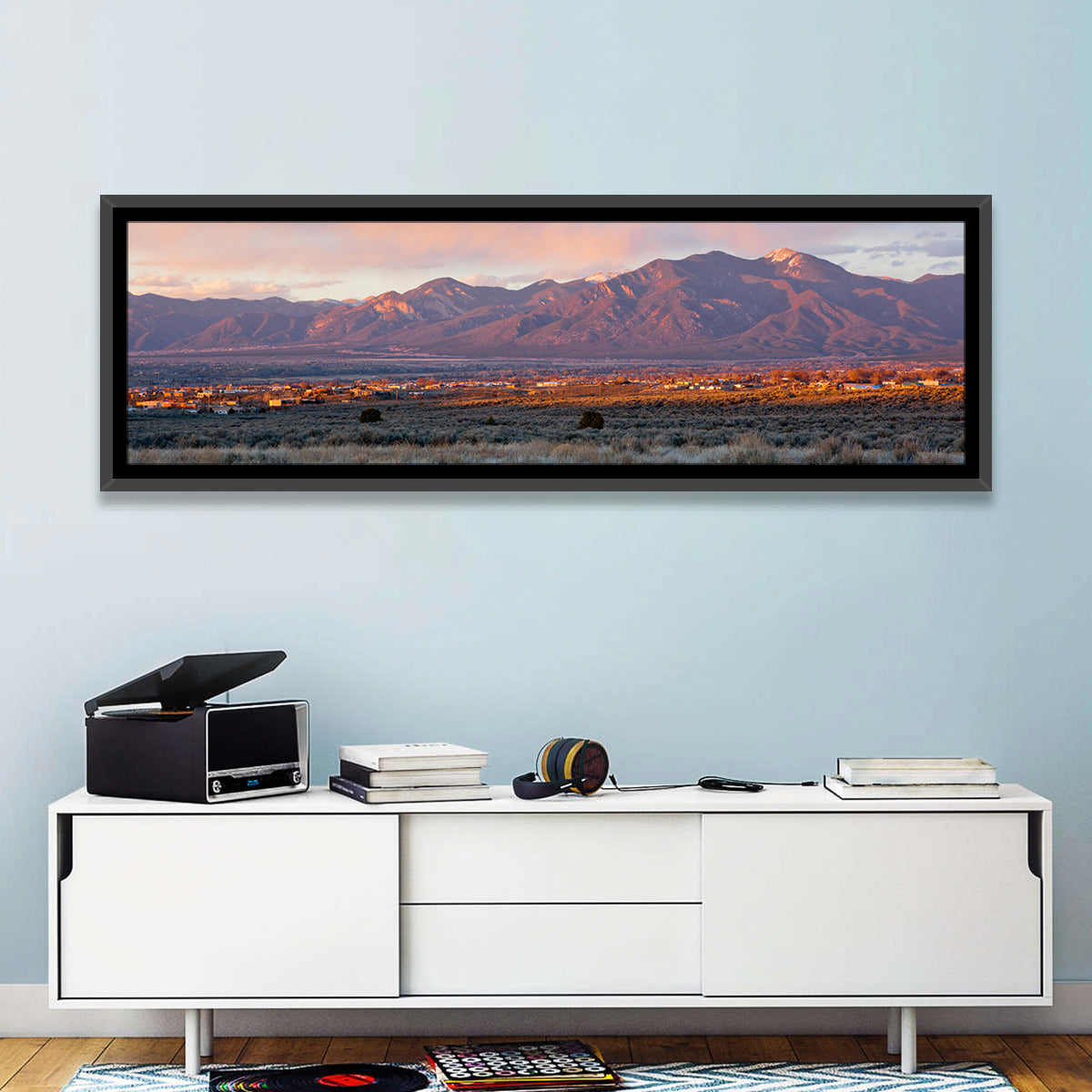 Taos Valley Sunset Wall Art in a room, panoramic