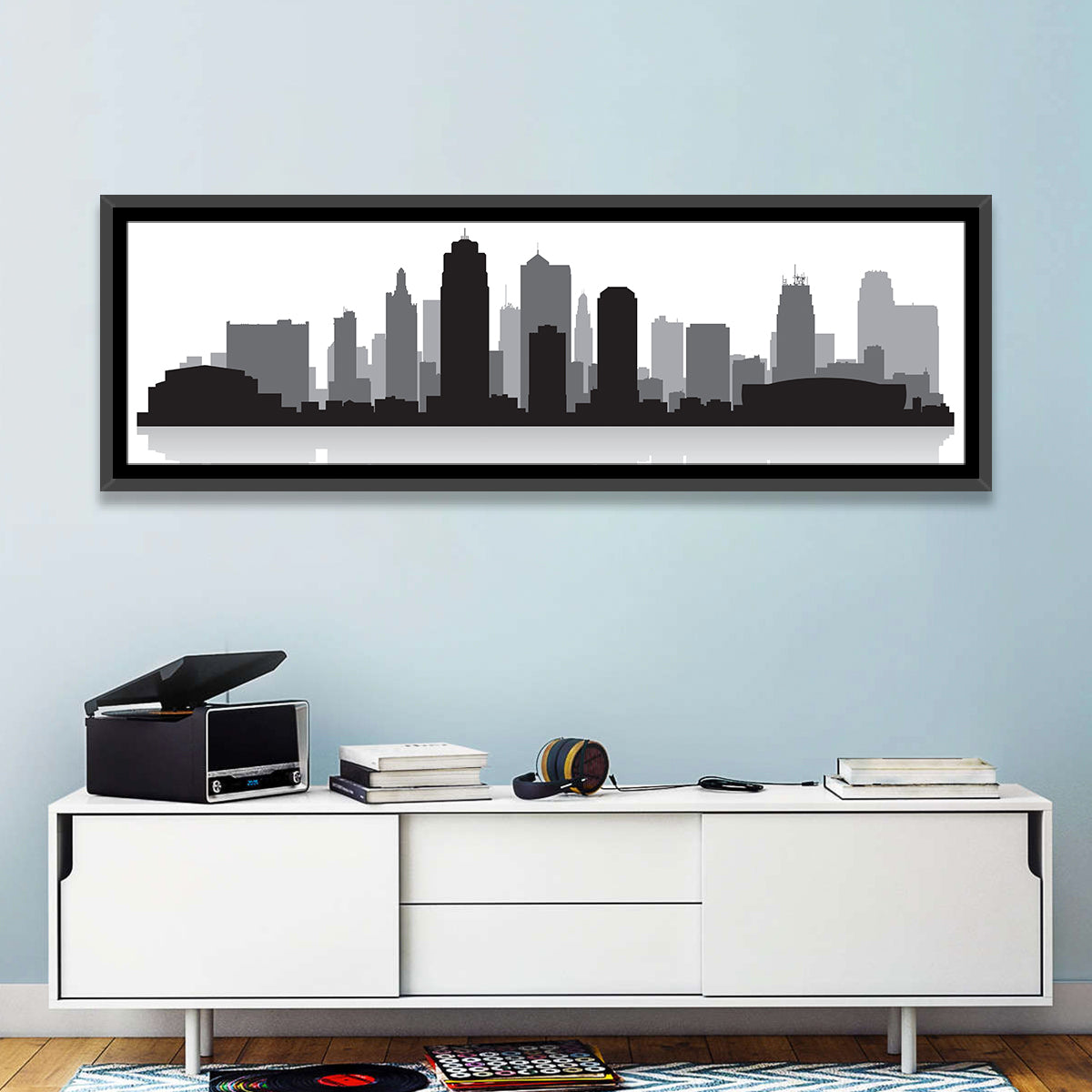 Kansas City Skyline Wall Art in a room, panoramic
