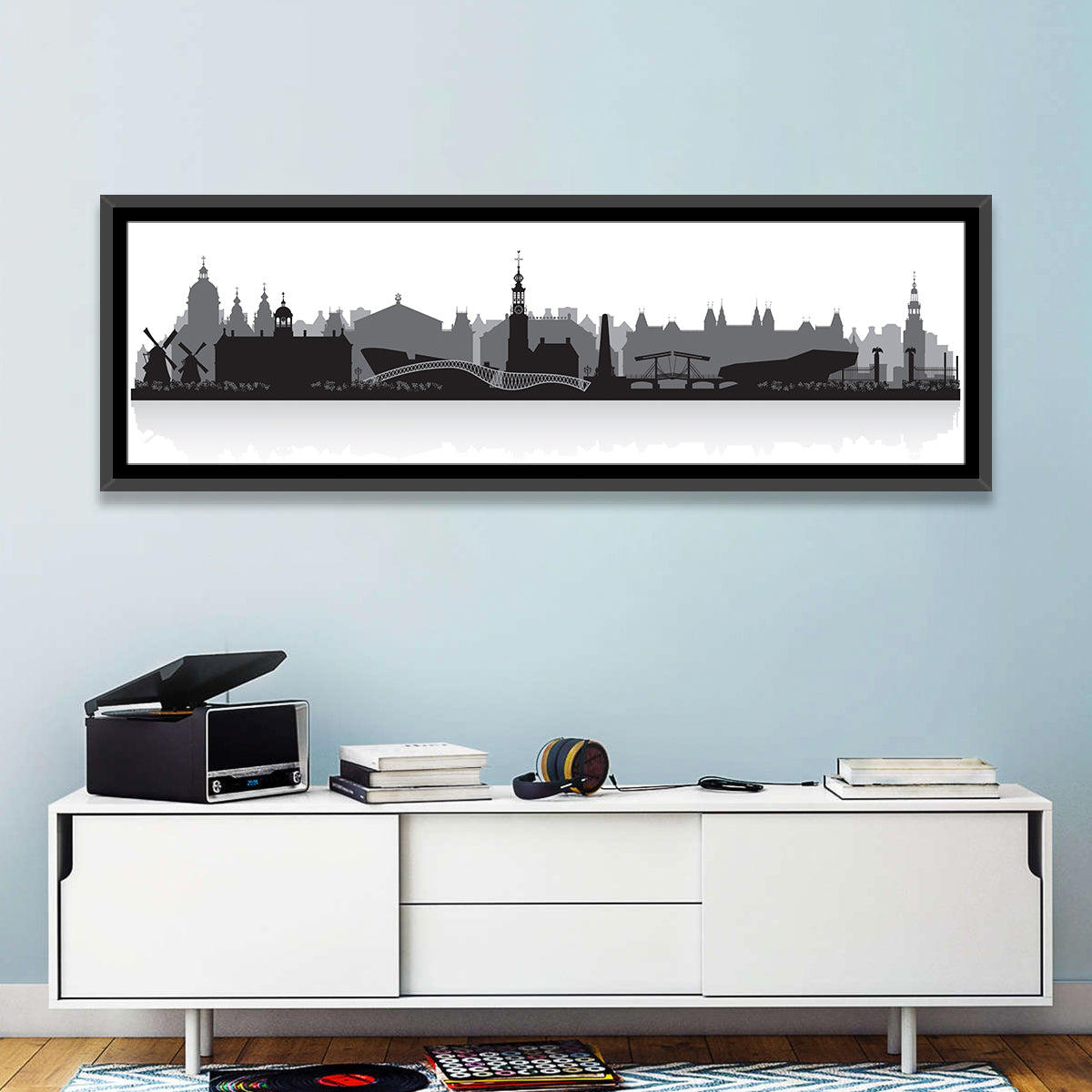 Amsterdam Skyline Silhouette Wall Art in a room, panoramic