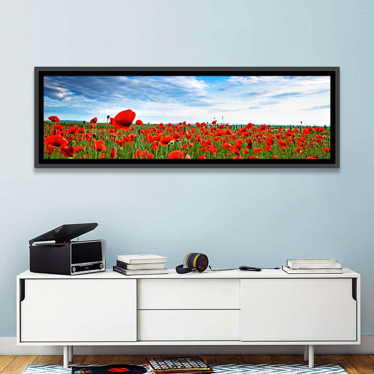 Red Poppy Field Wall Art in a room, panoramic