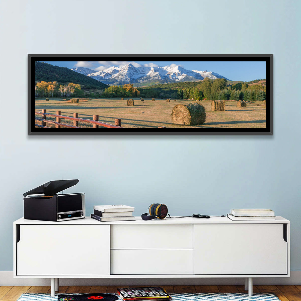 Colorado Hay Bales Wall Art in a room, panoramic