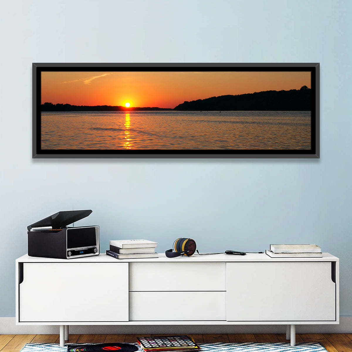 Mississippi River Sunset Wall Art in a room, panoramic