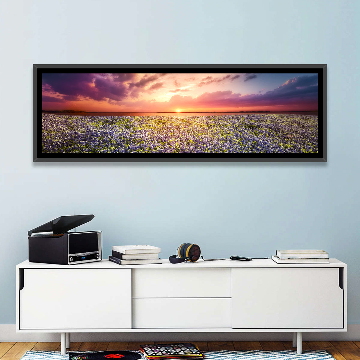 Texas Bluebonnet Sunset Wall Art in a room, panoramic