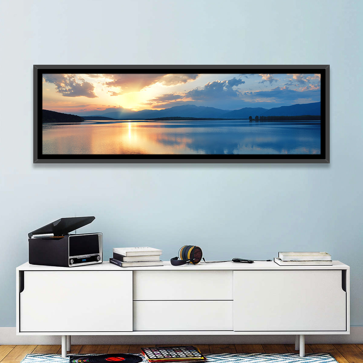 Golden Hour Lake Reflection Wall Art in a room, panoramic