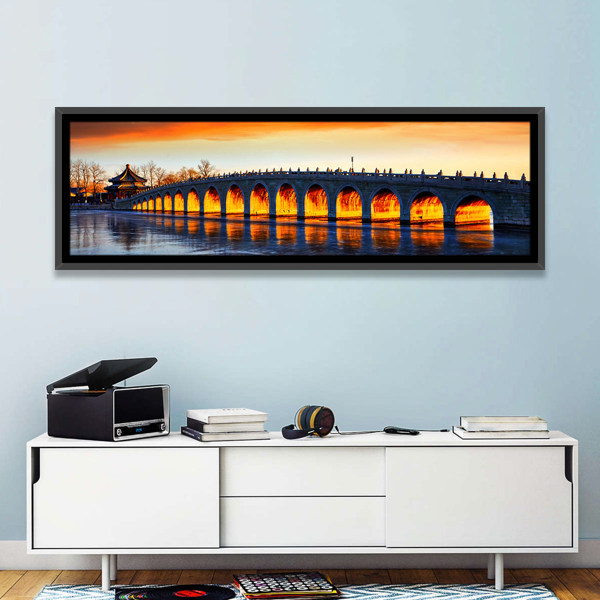 Seventeen-arch Bridge at Golden Hour Wall Art in a room, panoramic