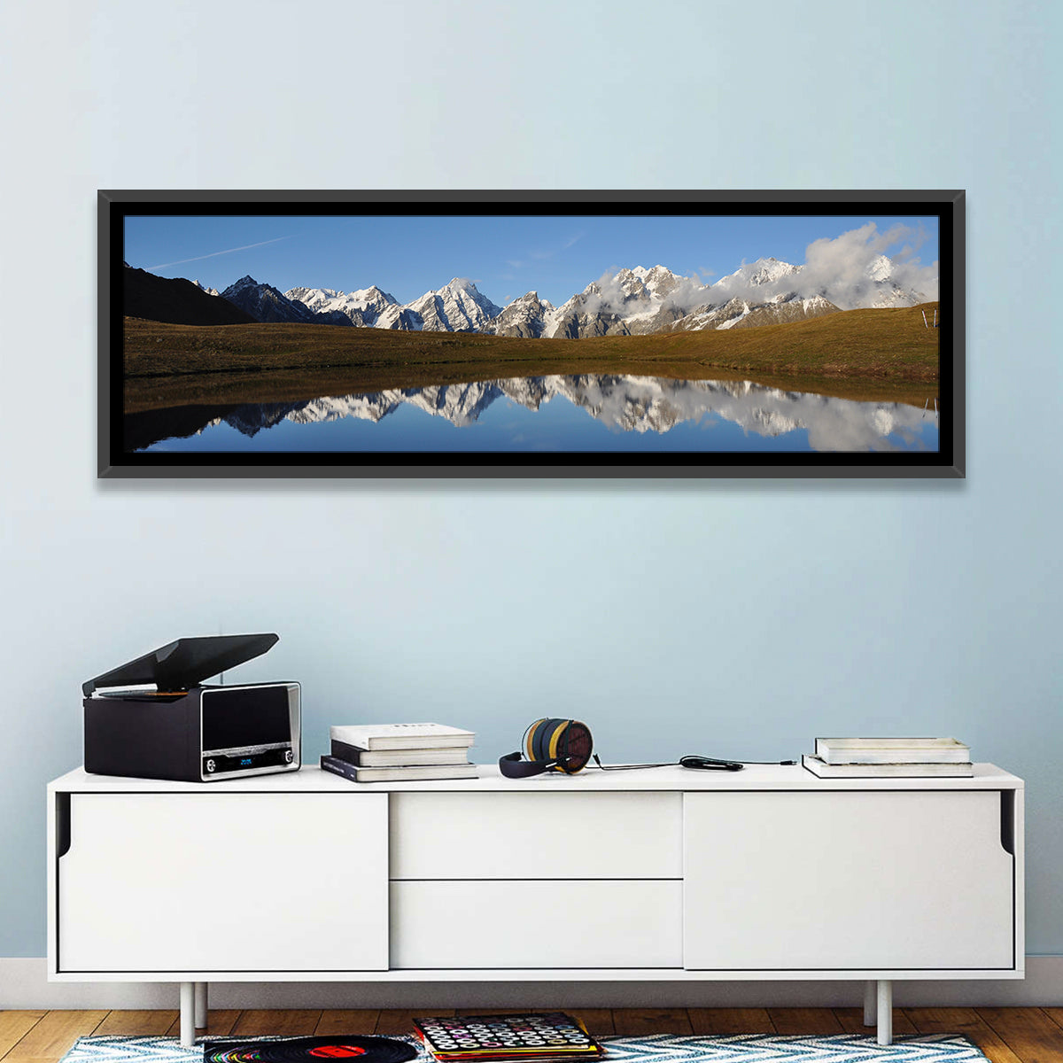 Svaneti Lake Reflection Wall Art in a room, panoramic