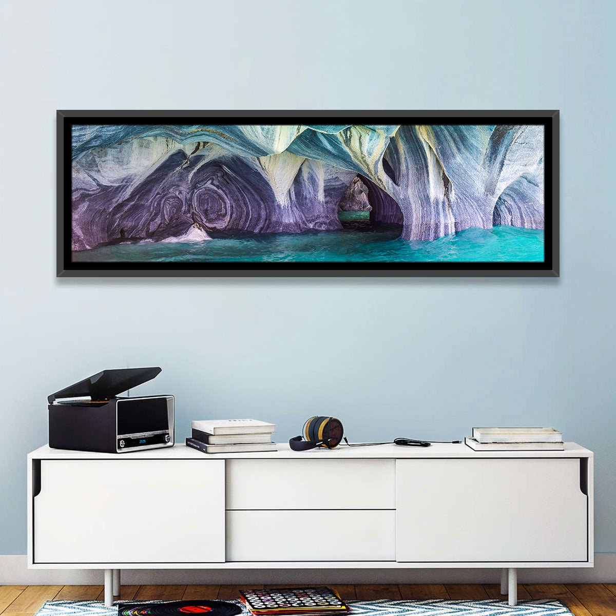 Marble Caves of Lake General Carrera Wall Art in a room, panoramic