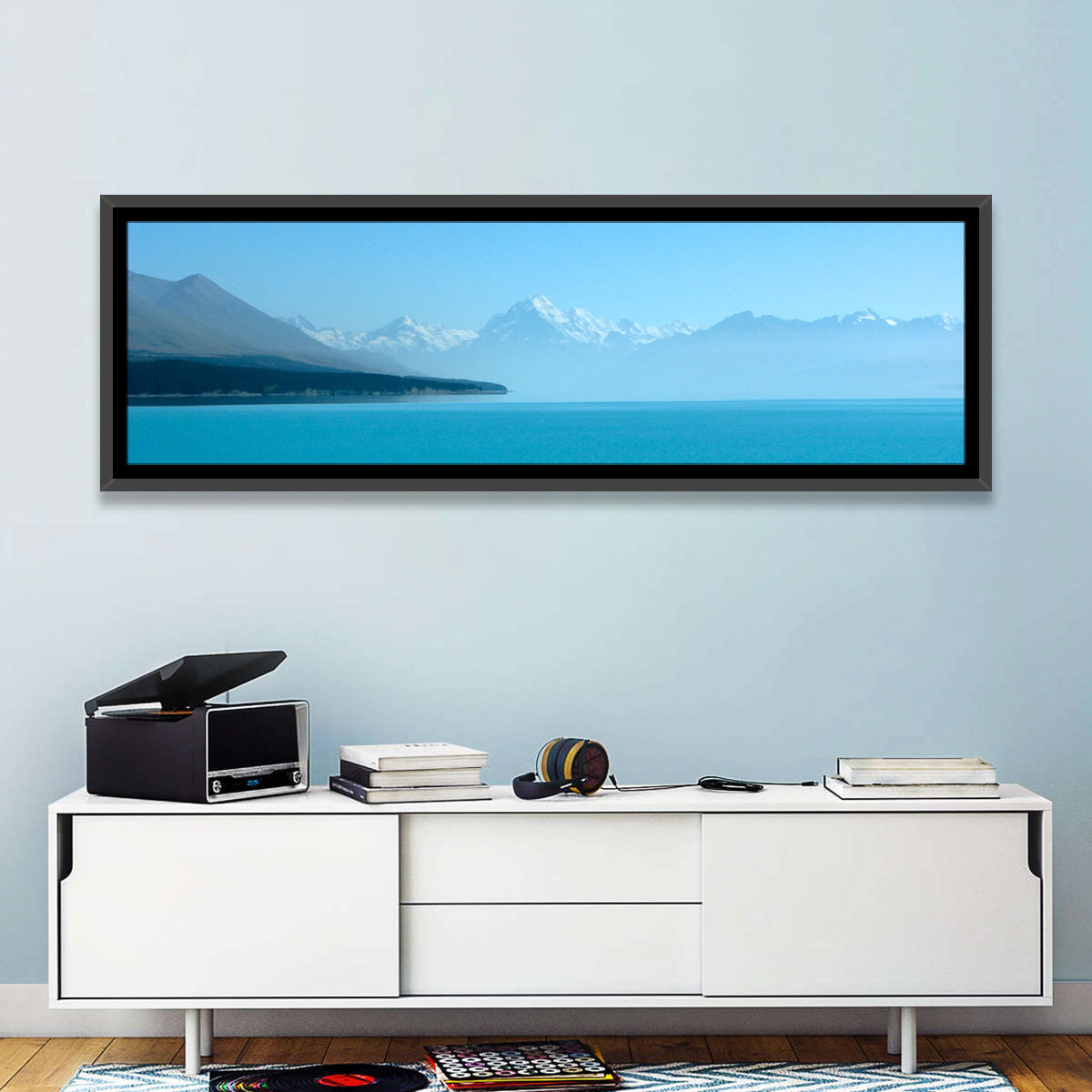 Turquoise Lake Pukaki View of Mount Cook Wall Art in a room, panoramic
