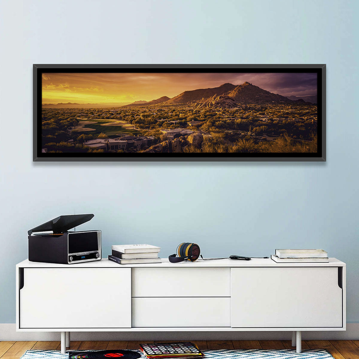 Scottsdale Desert Sunset Wall Art in a room, panoramic