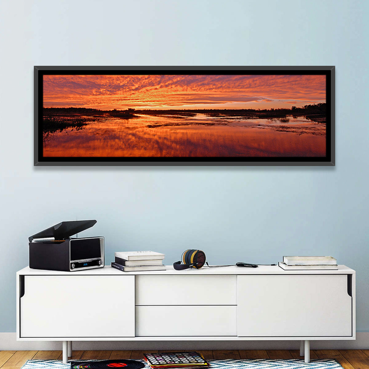 Louisiana Wetland Sunset Wall Art in a room, panoramic