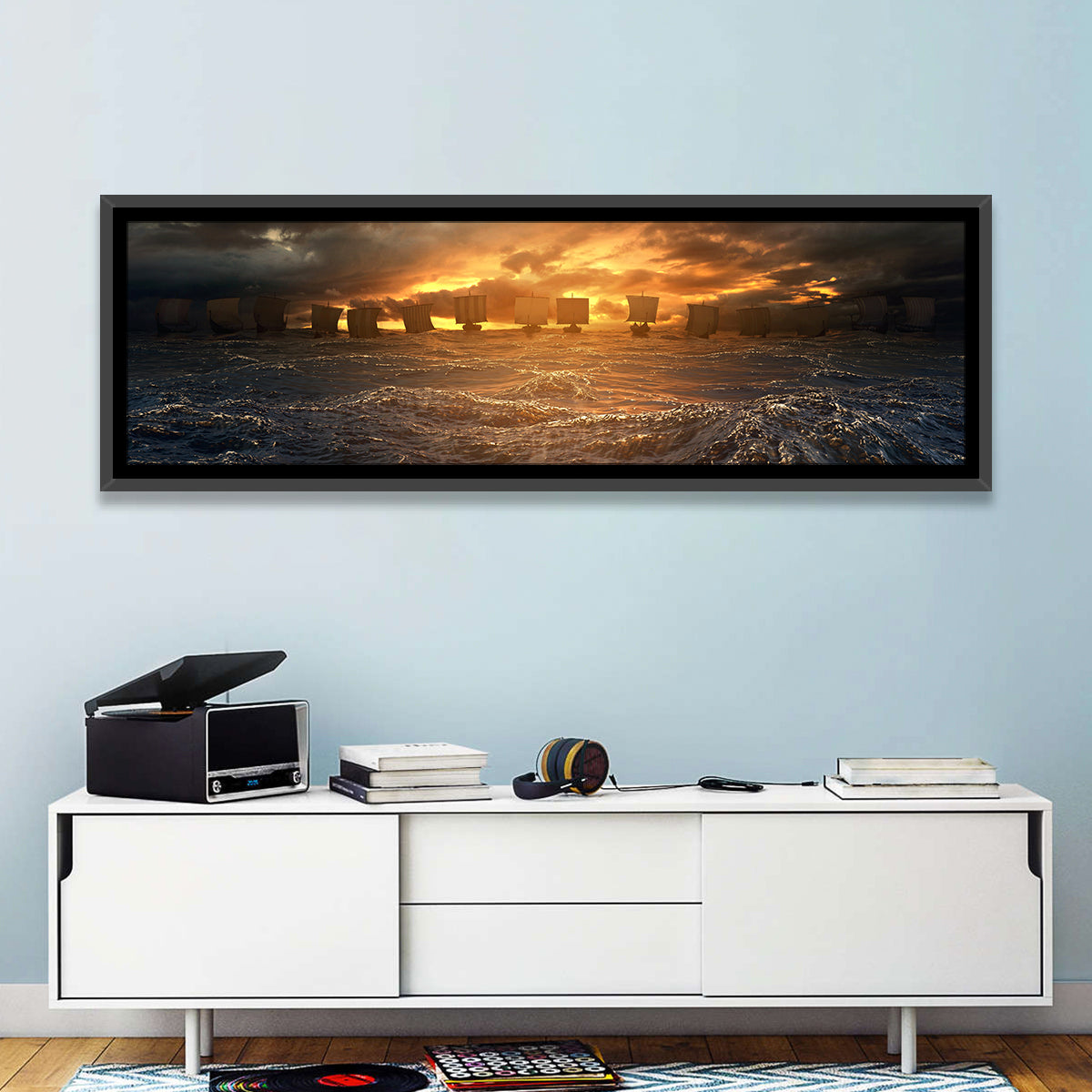 Viking Longships at Sunset Wall Art in a room, panoramic