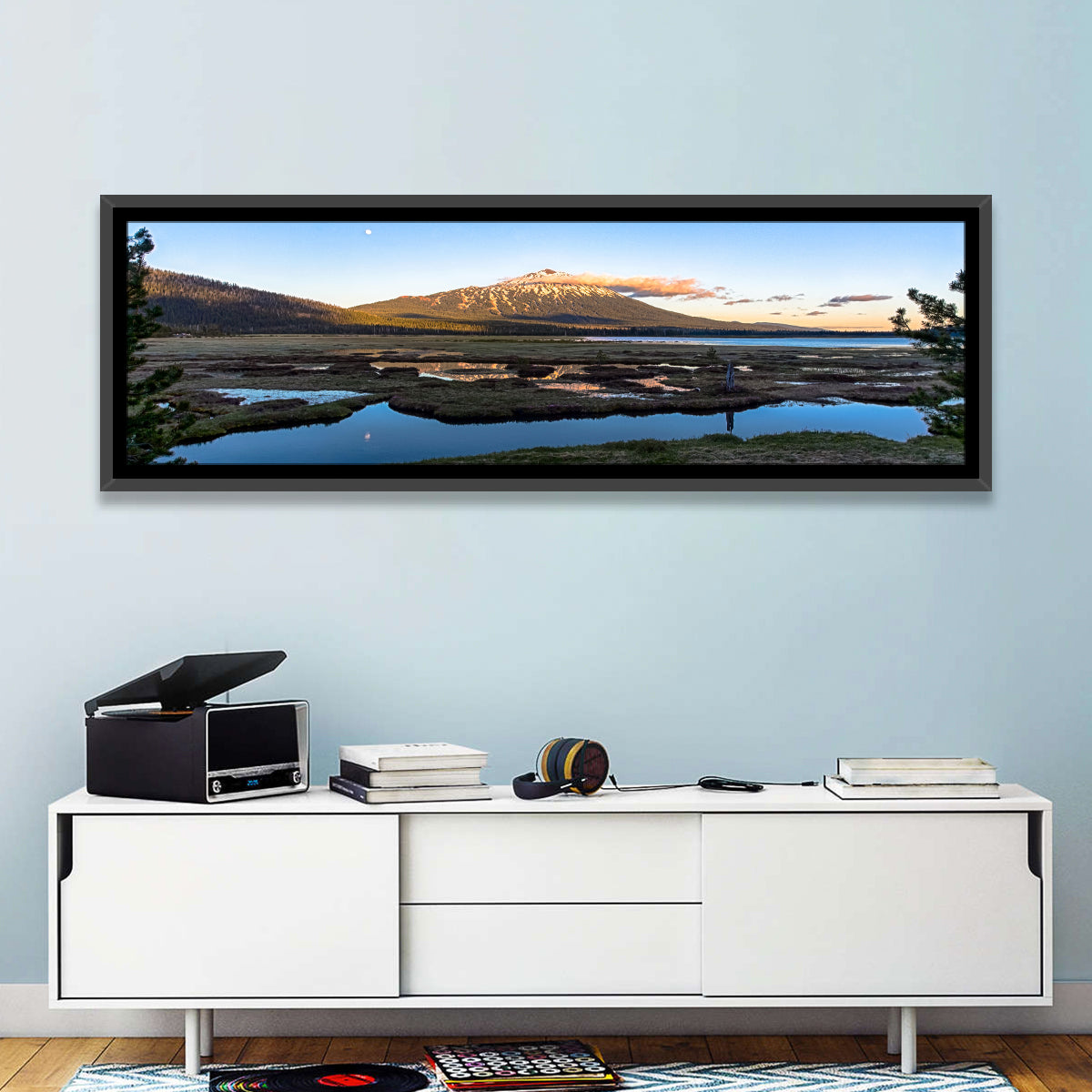 Mount Bachelor Moonlit Sunset Wall Art in a room, panoramic