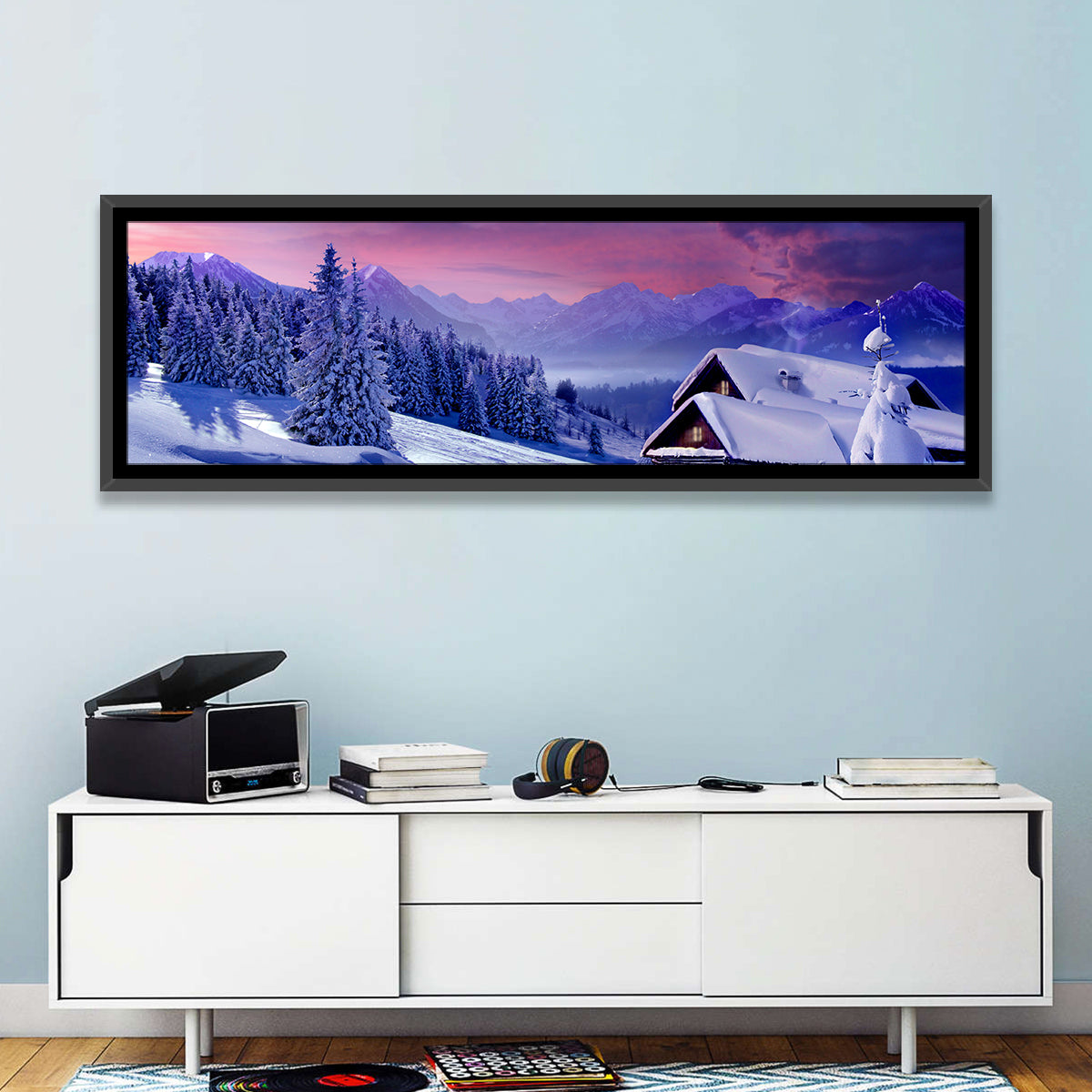 Snowy Mountain Cabin Wall Art in a room, panoramic