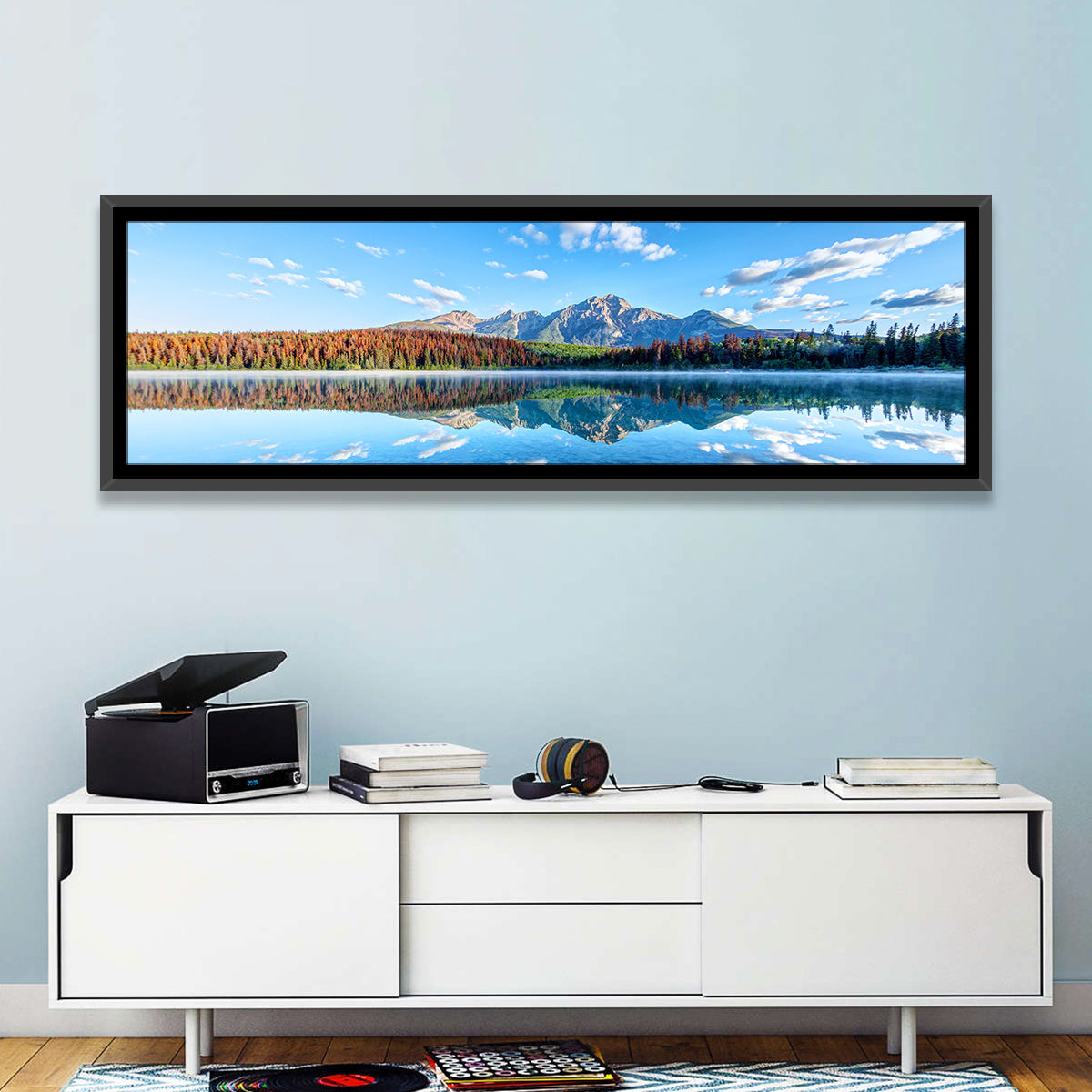 Patricia Lake Autumn Reflection Wall Art in a room, panoramic