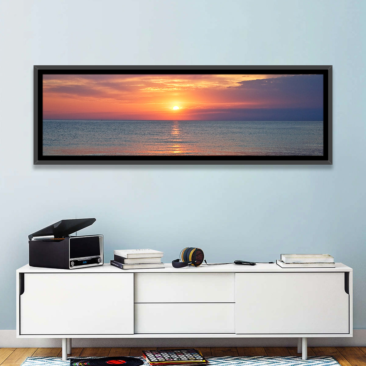 Lake Michigan Sunset Reflection Wall Art in a room, panoramic