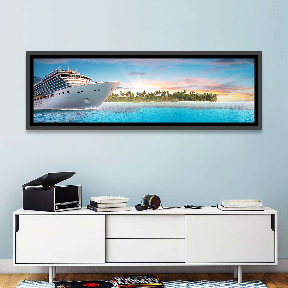 Cruise Ship at Tropical Sunset Wall Art in a room, panoramic