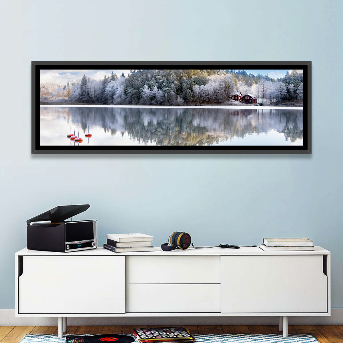 Red Cottages on Winter Lake Wall Art in a room, panoramic