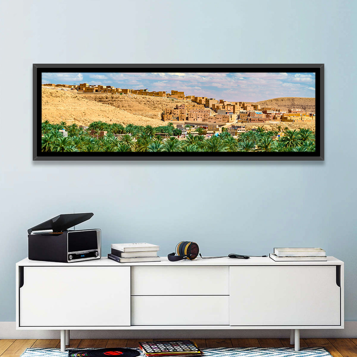 Ksar Bounoura Oasis Town Vista Wall Art in a room, panoramic