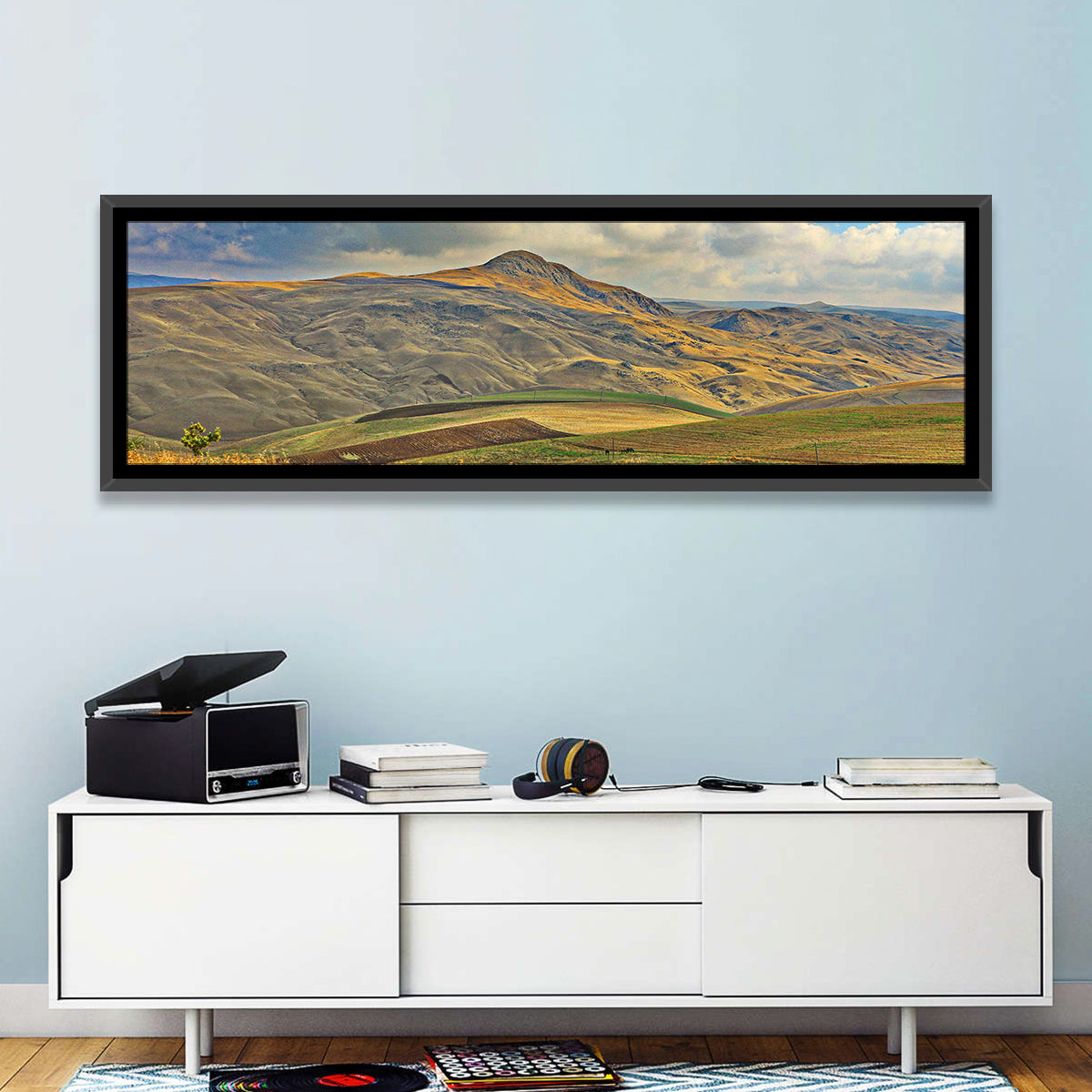 Shamakhi Valley Harvest Fields Wall Art in a room, panoramic