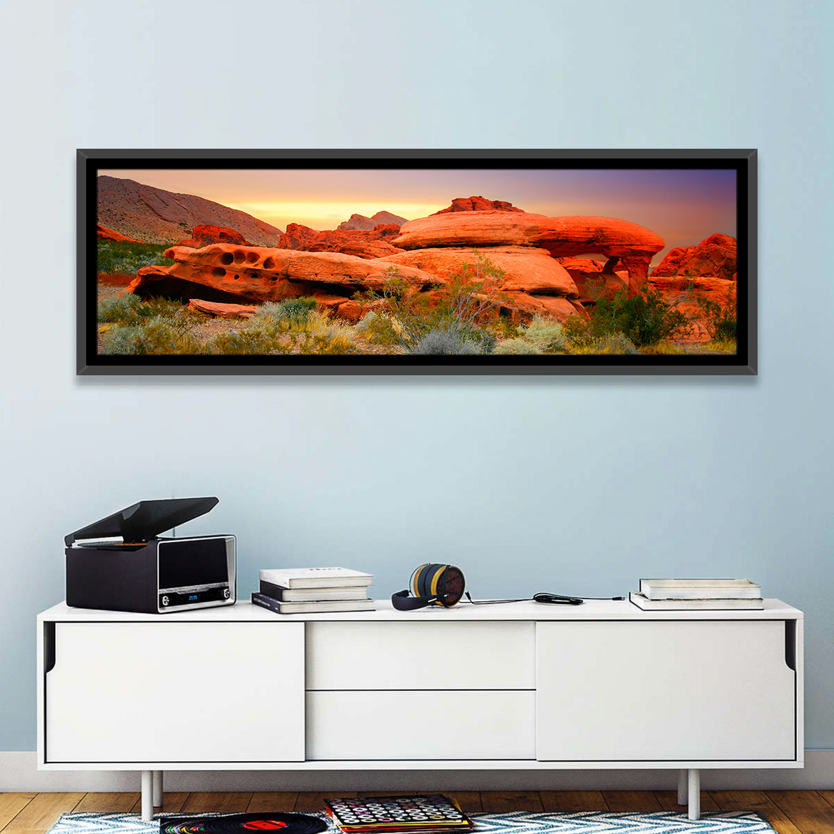 Red Rock Canyon Sunset Wall Art in a room, panoramic