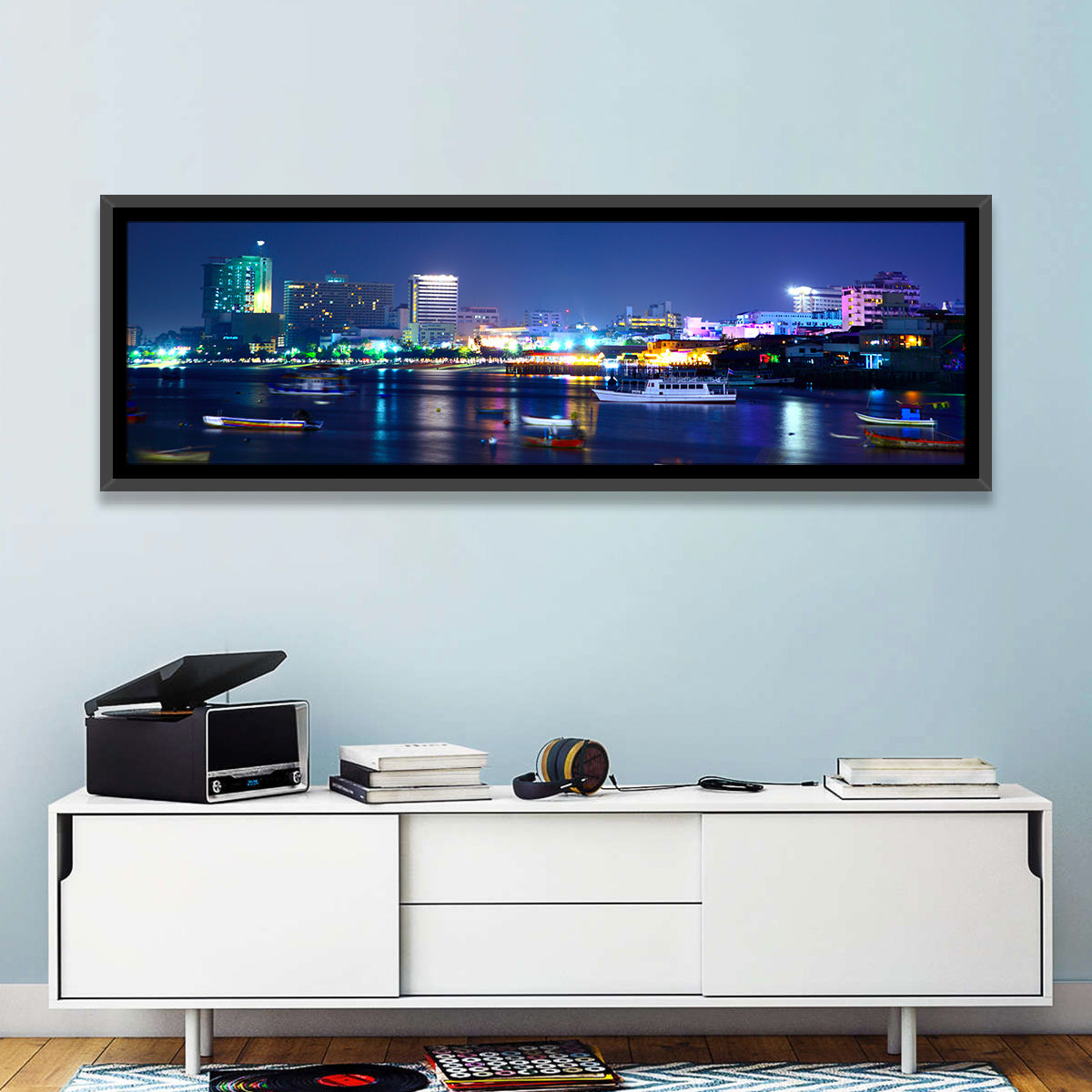 Pattaya Bay Night Skyline Wall Art in a room, panoramic