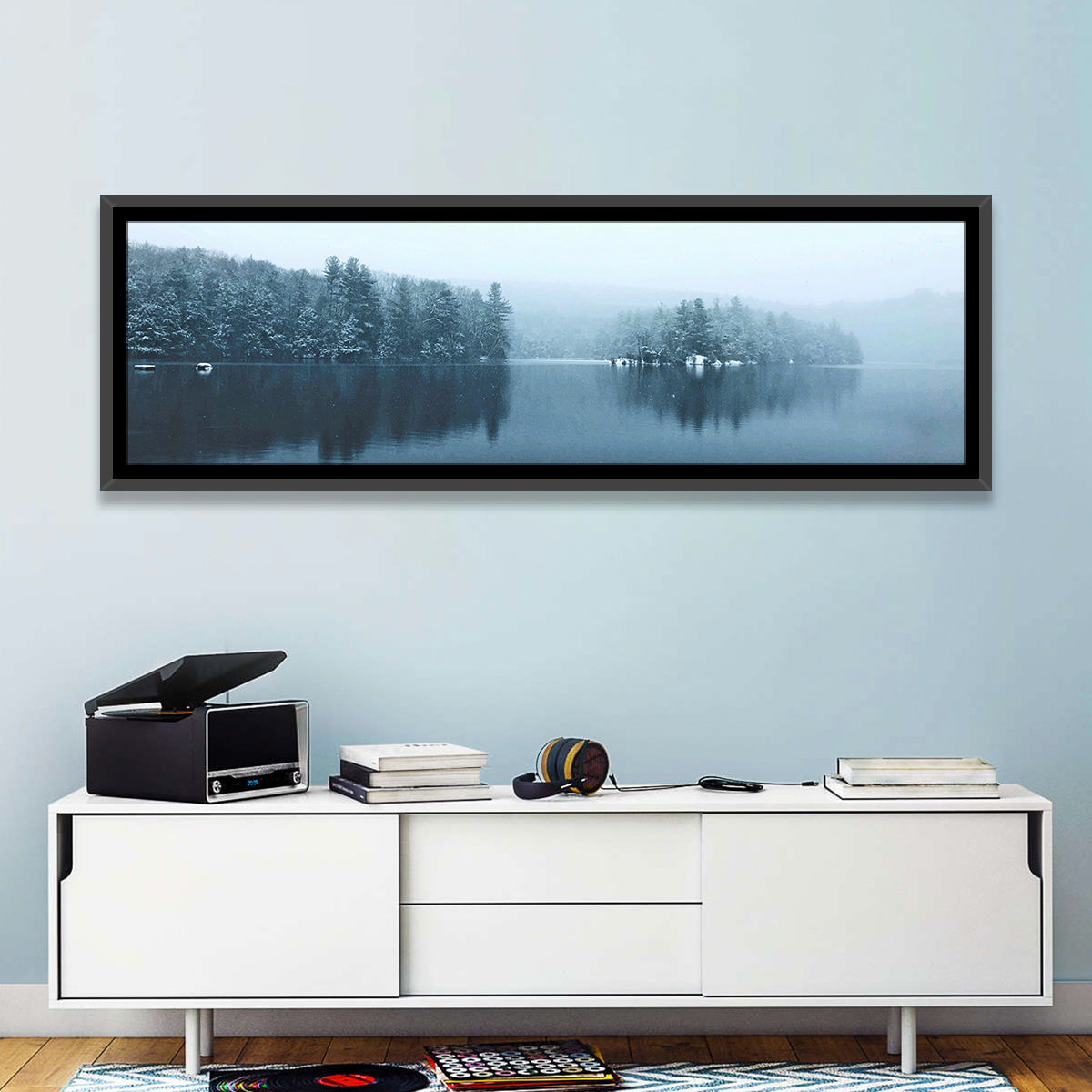 Burr Pond Winter Reflection Wall Art in a room, panoramic