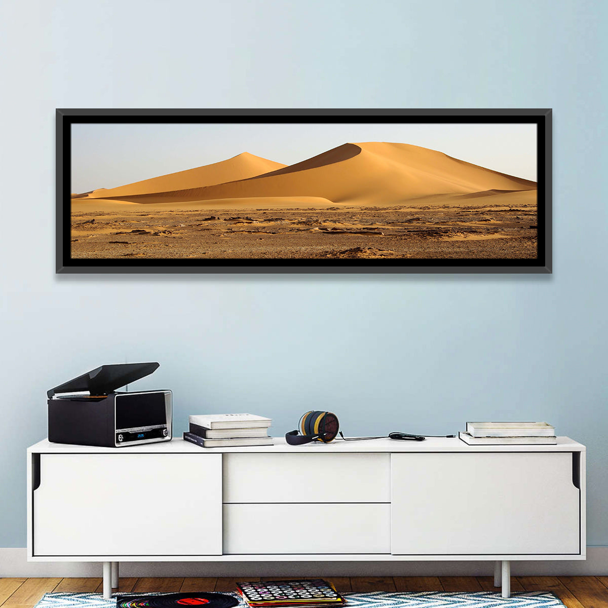 Golden Hour Desert Dunes Wall Art in a room, panoramic