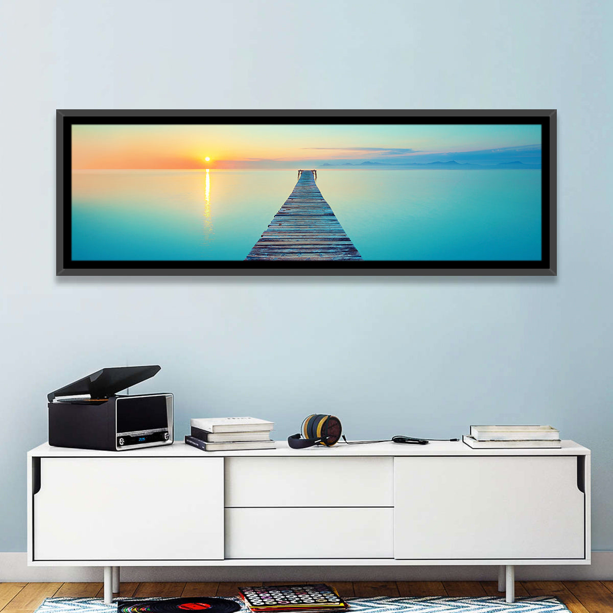 Wooden Footbridge at Sunset Wall Art in a room, panoramic