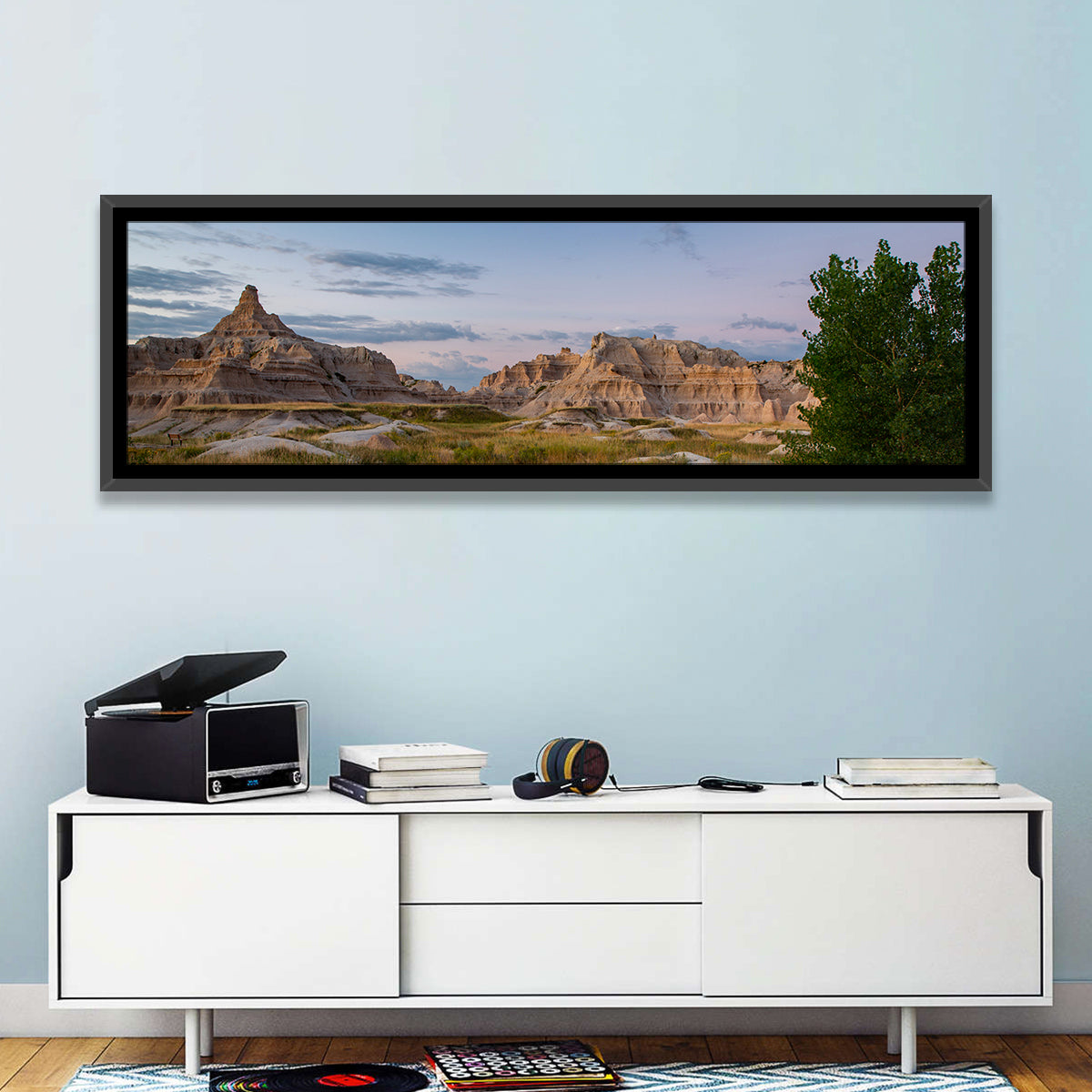 Badlands Golden Hour Meadow Wall Art in a room, panoramic