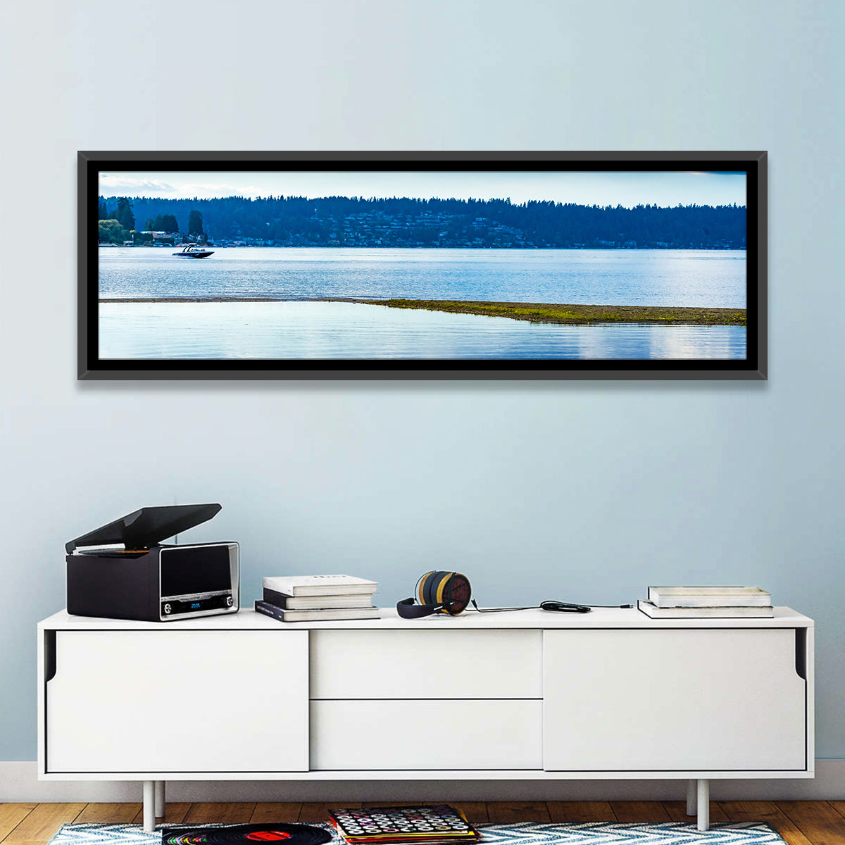 Lake Sammamish Reflection Wall Art in a room, panoramic