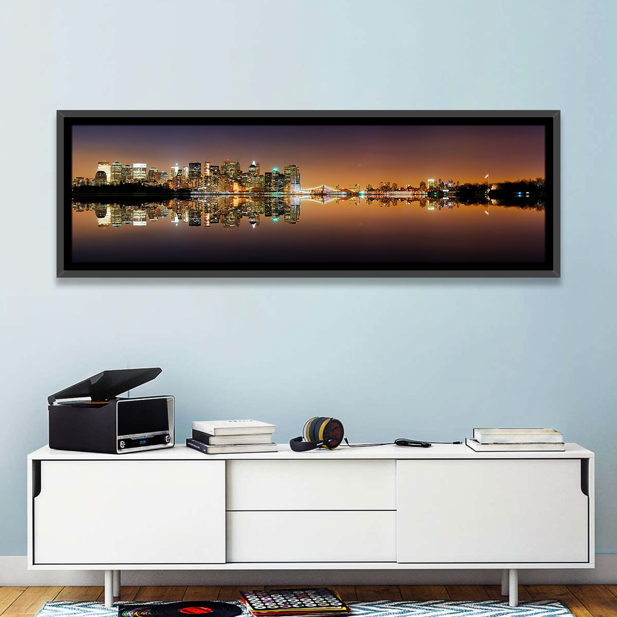 Manhattan Twilight Reflection Wall Art in a room, panoramic